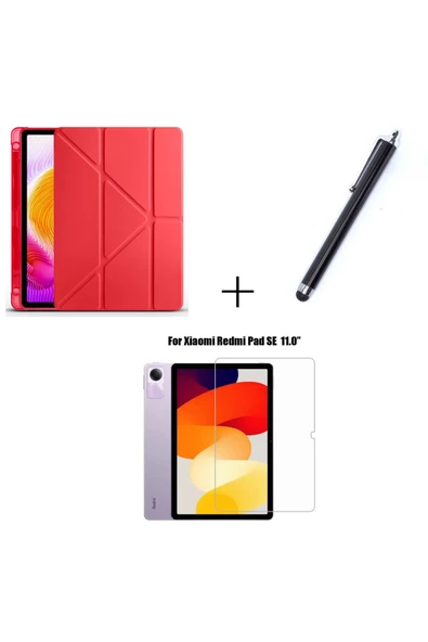 Xiaomi Redmi Pad SE Uyumlu Kalem Bölmeli Standlı Kılıf + Ekran Koruyucu + Kalem 3'lü Set  Kırmızı