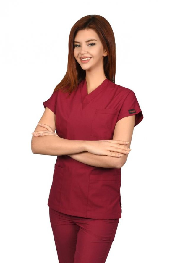 Kadın Doktor Hemşire Forması Scrubs Likralı Esnek Kumaş Hastane Nöbet Tek Üst (V Yaka Dr Greys) - 3
