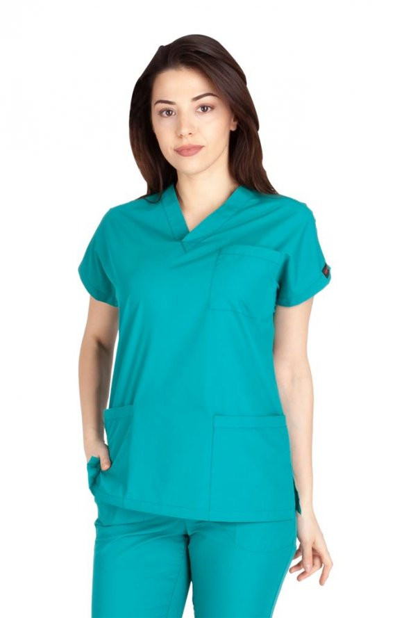 Kadın Doktor Hemşire Forması Scrubs Likralı Esnek Kumaş Hastane Nöbet Tek Üst (V Yaka Dr Greys) - 5