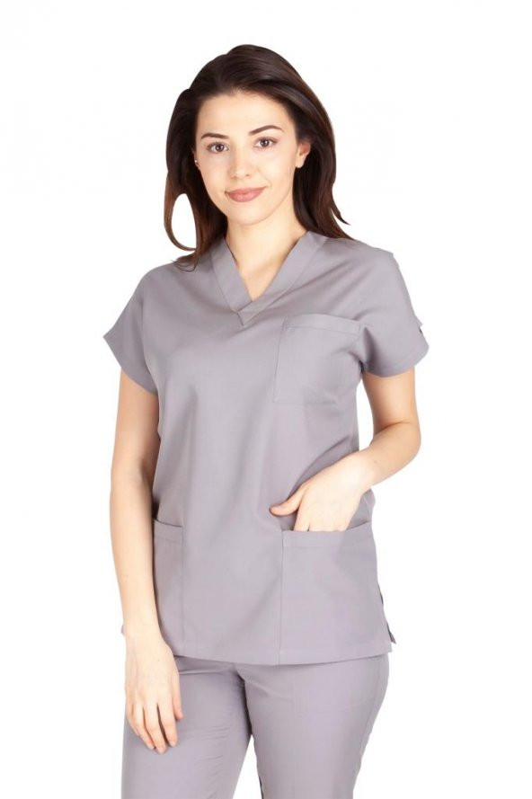 Kadın Doktor Hemşire Forması Scrubs Likralı Esnek Kumaş Hastane Nöbet Tek Üst (V Yaka Dr Greys) - 6