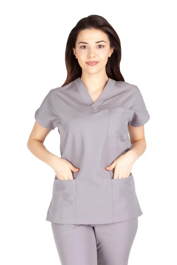 Kadın Doktor Hemşire Forması Scrubs Likralı Esnek Kumaş Hastane Nöbet Tek Üst (V Yaka Dr Greys) - 7
