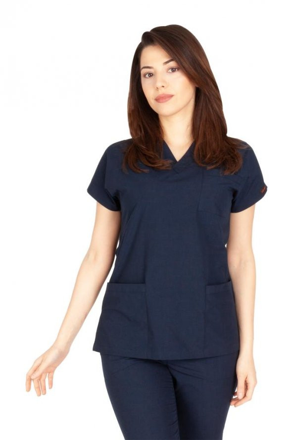 Kadın Doktor Hemşire Forması Scrubs Likralı Esnek Kumaş Hastane Nöbet Tek Üst (V Yaka Dr Greys) - 9