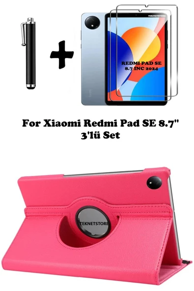 Xiaomi Redmi Pad Se 8.7 Inç Tablet Uyumlu Uyku Modlu 360 Döner Pu Deri Kılıf Seti  PEMBE