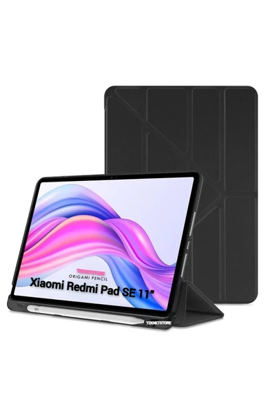 Xiaomi Redmi Pad SE 11 Inç Tablet Uyumlu Kılıf Katlanır Kalemlikli Standlı Uyku Modlu Akıllı Kapak  SİYAH - 1