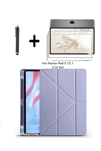 Honor Pad 9 12.1 İnç Uyumlu Kalem Bölmeli Standlı Silikon Kılıf + Ekran Koruyucu + Kalem 3'lü Set  Mor