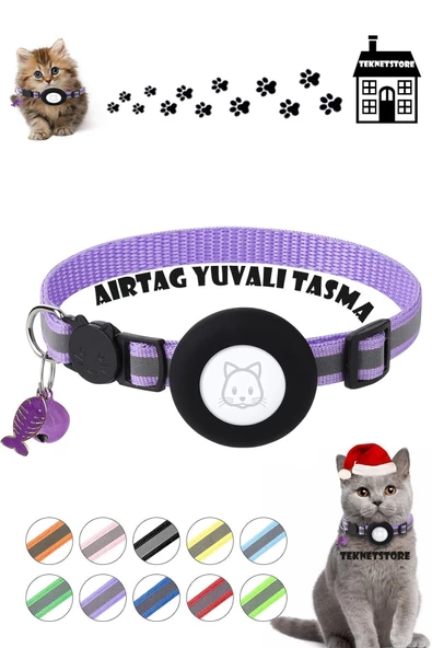 Airtag Yuvalı Kedi Ve Köpek Tasması Kilitli Güvenlik Aparatı Airtag Kılıfı ve Zil Boyun Tasması GPS  Tek Ebat Mor