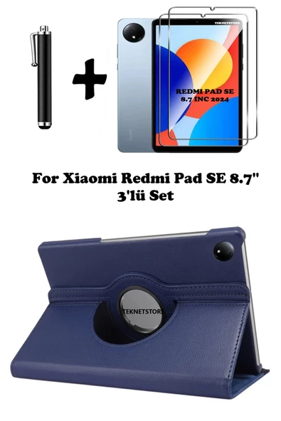 Xiaomi Redmi Pad Se 8.7 Inç Tablet Uyumlu Uyku Modlu 360 Döner Pu Deri Kılıf Seti  LACİVERT