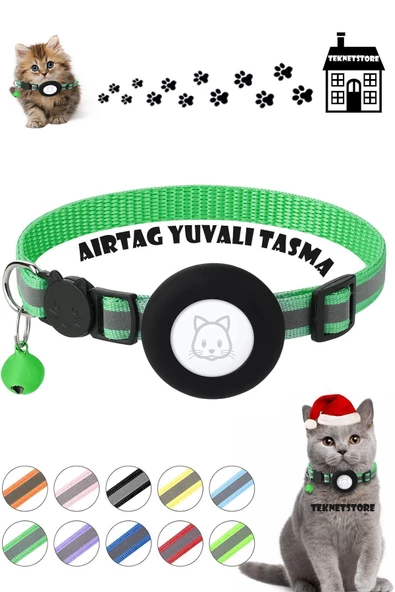 Airtag Yuvalı Kedi Ve Köpek Tasması Kilitli Güvenlik Aparatı Airtag Kılıfı ve Zil Boyun Tasması GPS  Tek Ebat Yeşil