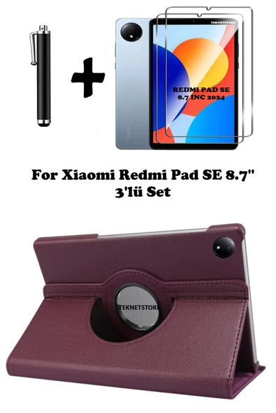 Xiaomi Redmi Pad Se 8.7 Inç Tablet Uyumlu Uyku Modlu 360 Döner Pu Deri Kılıf Seti  MOR