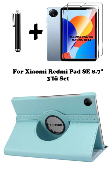 Xiaomi Redmi Pad Se 8.7 Inç Tablet Uyumlu Uyku Modlu 360 Döner Pu Deri Kılıf Seti  MAVİ