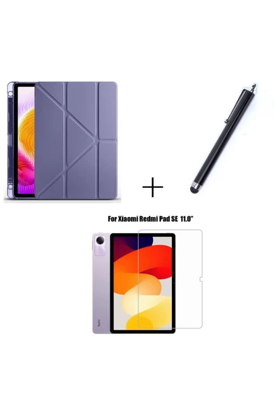 Xiaomi Redmi Pad SE Uyumlu Kalem Bölmeli Standlı Kılıf + Ekran Koruyucu + Kalem 3'lü Set  Mor