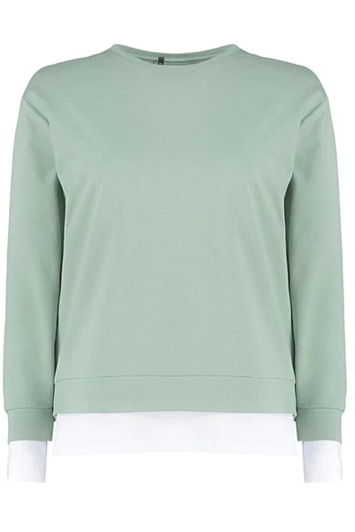 Büyük Beden Oversize Bisiklet Yaka Düşük Kol Alttan T-Shirt Çıkma Görünüm İnce Örme Sweatshirt - 6