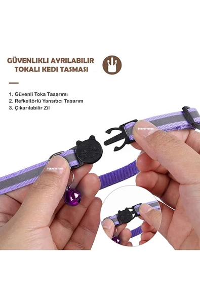 Airtag Yuvalı Kedi Ve Köpek Tasması Kilitli Güvenlik Aparatı Airtag Kılıfı ve Zil Boyun Tasması GPS  Tek Ebat Mor - 3