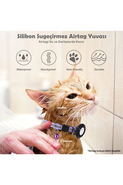 Airtag Yuvalı Kedi Ve Köpek Tasması Kilitli Güvenlik Aparatı Airtag Kılıfı ve Zil Boyun Tasması GPS  Tek Ebat Mor - 5