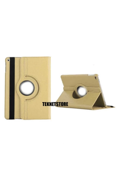 Apple Ipad 5. 6. Nesil 2017 2018 9.7" Inc Tablet Standlı 360° Dönebilen Deri Kılıf Leather Case  Gold