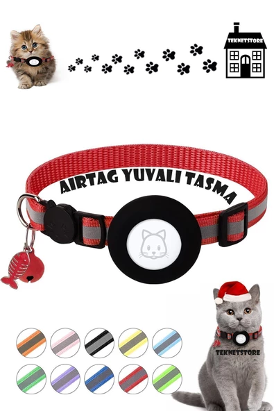 Airtag Yuvalı Kedi Ve Köpek Tasması Kilitli Güvenlik Aparatı Airtag Kılıfı ve Zil Boyun Tasması GPS  Tek Ebat Kırmızı