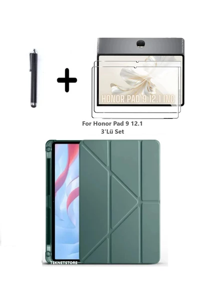 Honor Pad 9 12.1 İnç Uyumlu Kalem Bölmeli Standlı Silikon Kılıf + Ekran Koruyucu + Kalem 3'lü Set  Koyu Yeşil