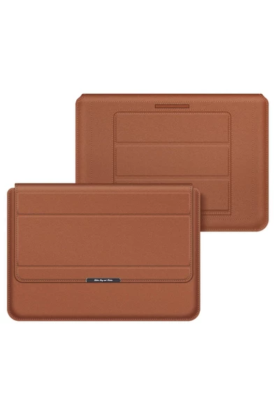 Macbook Air 13.6 Inç M2-M3-M4 Çip A2681 A3113 A3240 Uyumlu Ofis Çanta Deri Mıknatıslı Standlı Kılıf  13 - 14,9 inç Taba - Resim 2