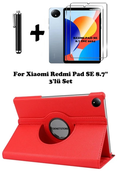 Xiaomi Redmi Pad Se 8.7 Inç Tablet Uyumlu Uyku Modlu 360 Döner Pu Deri Kılıf Seti  KIRMIZI