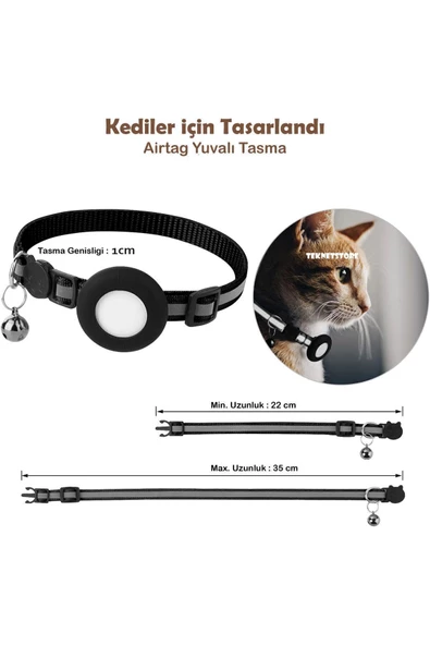 Airtag Yuvalı Kedi Ve Köpek Tasması Kilitli Güvenlik Aparatı Airtag Kılıfı ve Zil Boyun Tasması GPS  Tek Ebat Siyah - 2