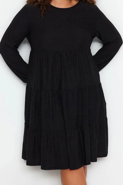 Moda Stil Relaxed Bisiklet Yaka Mini Boy Büyük Beden Düz A-line Örme Elbise - 4