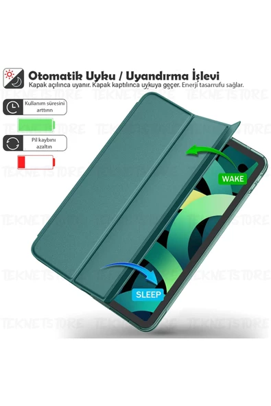İpad 10. Nesil 10.9 / A16 2025 Uyumlu Kılıf Uyku Modlu Pu Deri Smart Standlı A2696 A2757 A3355 A3356  Koyu Yeşil - 3
