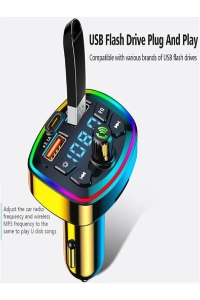 Araç Bluetooth 5.0 Fm Transmitter Cihazı Araba Müzik Mp3 Çalar SD Kart Okur Oto Çakmaklık Şarj Aleti - 5