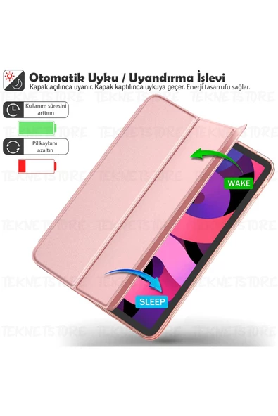İpad 10. Nesil 10.9 / A16 2025 Uyumlu Kılıf Uyku Modlu Pu Deri Smart Standlı A2696 A2757 A3355 A3356  Rose Gold - 2