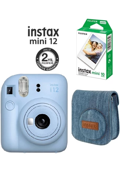 Instax Mini 12 Mavi Fotoğraf Makinesi 10'lu Film ve Jean Çantalı Set 66