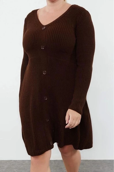 Moda Stil Fitted V Yaka Mini Boy Büyük Beden Triko Elbise