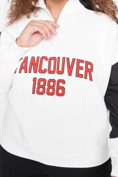 Büyük Beden Tarz Regular Dik Yaka Düşük Kol Regular Baskılı Kalın Şardonlu Örme Sweatshirt - 4