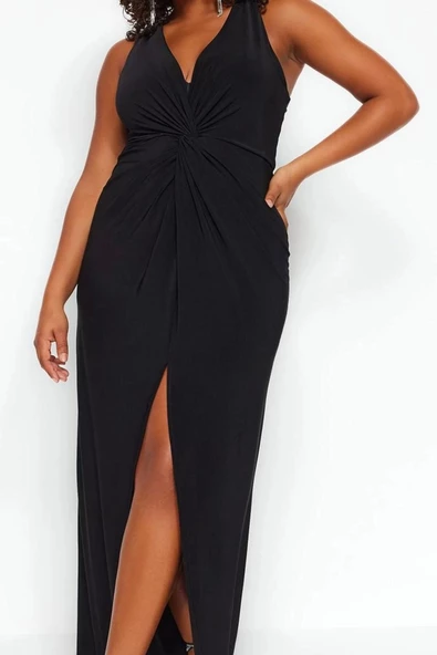 Moda Stil Fitted V Yaka Midi Boy Büyük Beden Yırtmaçlı Örme Elbise - 2