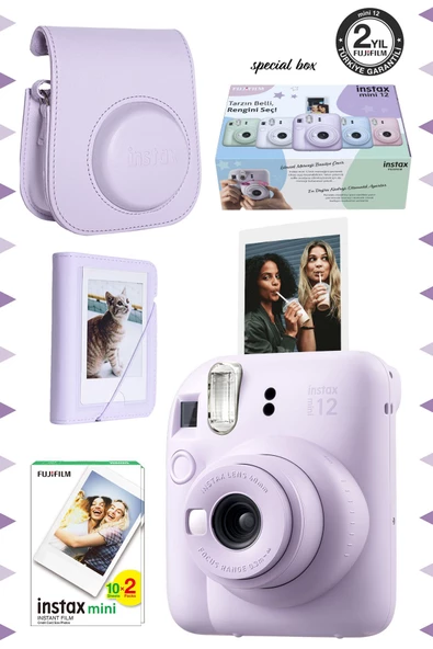 Instax mini 12 Lila Fotoğraf Makinesi-20'lu Film-Mini Albüm ve Deri Kılıf Seti