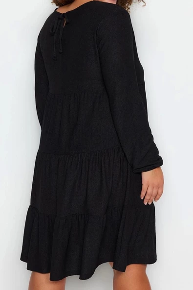 Moda Stil Relaxed Bisiklet Yaka Mini Boy Büyük Beden Düz A-line Örme Elbise - 5