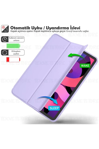İpad 10. Nesil 10.9 / A16 2025 Uyumlu Kılıf Uyku Modlu Pu Deri Smart Standlı A2696 A2757 A3355 A3356  Lila - 3