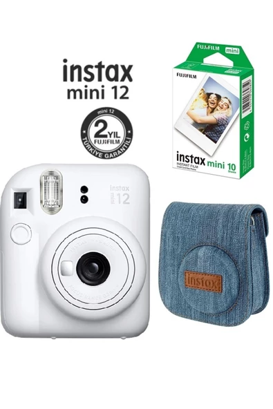 Instax Mini 12 Beyaz Fotoğraf Makinesi 10'lu Film ve Jean Çantalı Hediye Seti 66