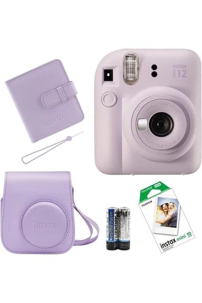 İnstax Mini 12 Fotoğraf Makinesi+Askı+pil +10'lu film+Albüm (LİLA)