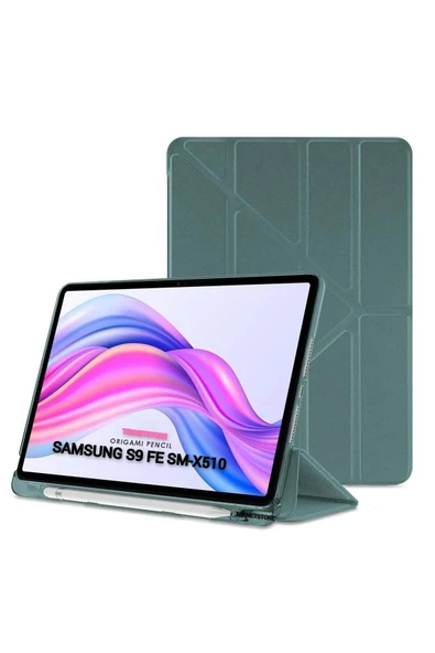 Samsung Galaxy Tab S9 Fe 10.9'' Uyumlu Kalem Bölmeli Uyku Modlu Arkası Silikon Kapak Kılıf  KOYU YEŞİL