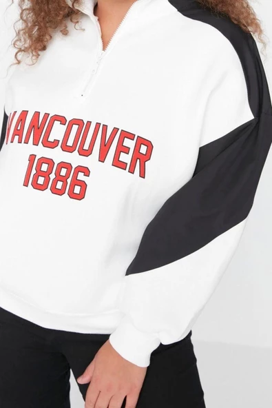 Büyük Beden Tarz Regular Dik Yaka Düşük Kol Regular Baskılı Kalın Şardonlu Örme Sweatshirt - 2