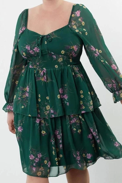 Moda Stil Relaxed Kare Yaka Mini Boy Büyük Beden Şifon Dokuma Büyük Beden Elbise