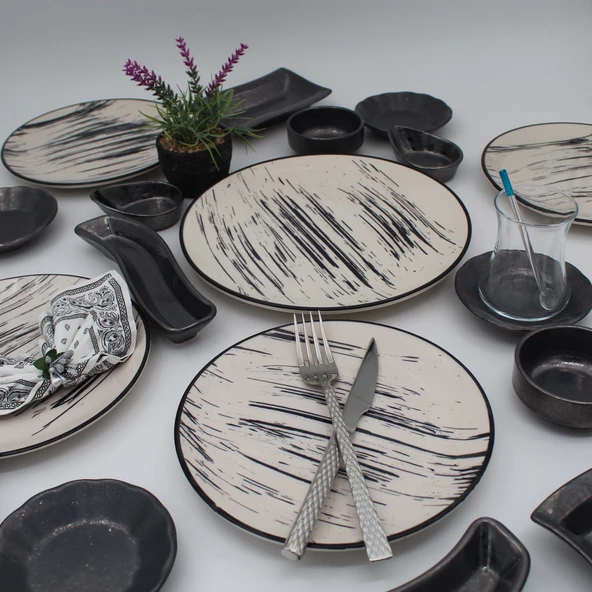 Anka 19 Parça Kahvaltı Takımı - Desenli Siyah File