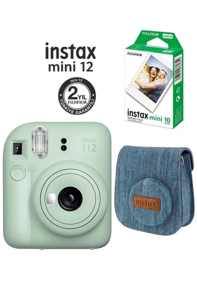 Instax Mini 12 Yeşil Fotoğraf Makinesi 10'lu Film ve Jean Çantalı Hediye Seti 66