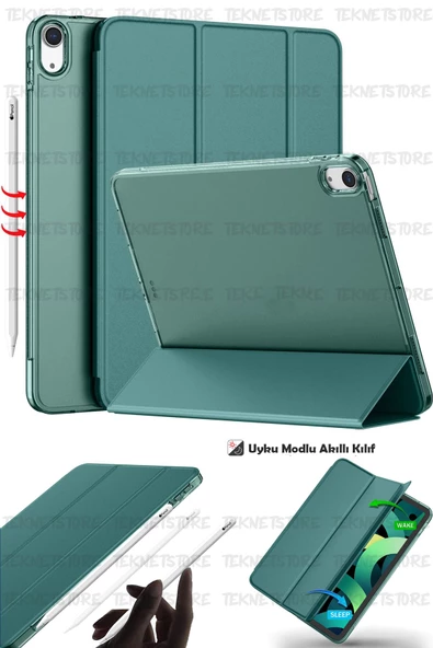 İpad 10. Nesil 10.9 / A16 2025 Uyumlu Kılıf Uyku Modlu Pu Deri Smart Standlı A2696 A2757 A3355 A3356  Koyu Yeşil - 1