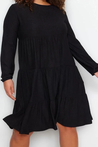 Moda Stil Relaxed Bisiklet Yaka Mini Boy Büyük Beden Düz A-line Örme Elbise