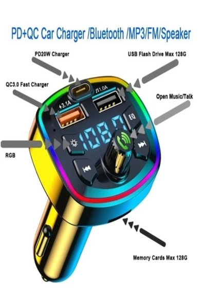 Araç Bluetooth 5.0 Fm Transmitter Cihazı Araba Müzik Mp3 Çalar SD Kart Okur Oto Çakmaklık Şarj Aleti - 4