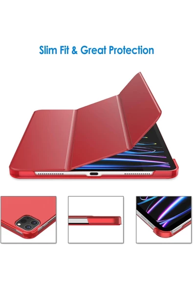 Apple Ipad Pro 4. Nesil M2 2022 11 Inç Tablet Uyumlu Flip Smart Standlı Akıllı Kılıf Smart Cover  Kırmızı - 4