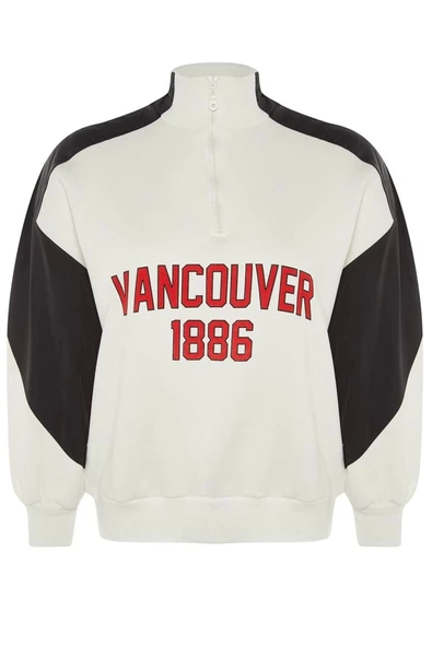 Büyük Beden Tarz Regular Dik Yaka Düşük Kol Regular Baskılı Kalın Şardonlu Örme Sweatshirt - 6