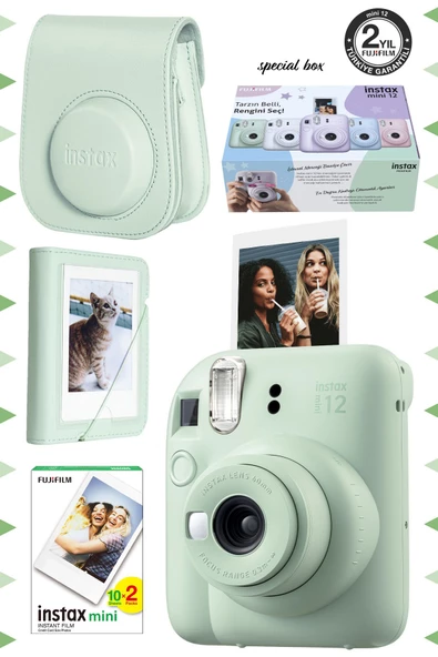 Instax Mini 12 Yeşil Fotoğraf Makinesi-20'lu Film-mini Albüm Ve Deri Kılıf Seti
