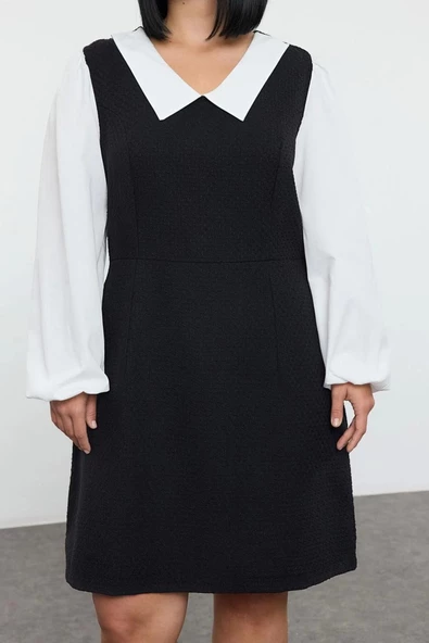 Moda Stil Relaxed Gömlek Yaka Midi Boy Büyük Beden Tüvit Dokuma Büyük Beden Elbise - 3