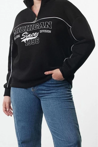 Büyük Beden Oversize Fermuarlı Yaka Düşük Kol Baskılı Geniş Kalın Polarlı Örme Sweatshirt
